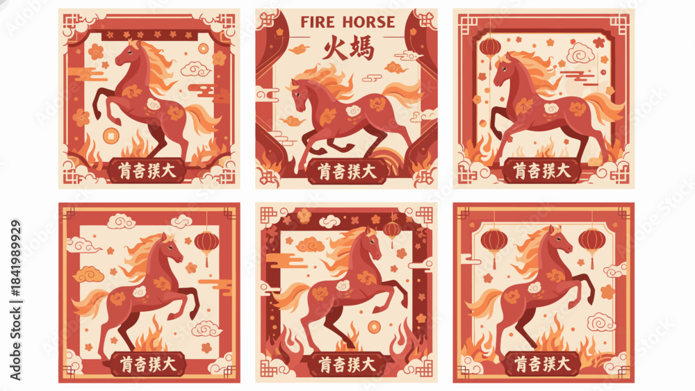 Obraz premium Illustrations of the Fire Horse in Chinese Zodiac Design.