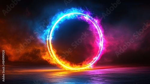 Glowing neon circle, fire, smoke, dark background, abstract design