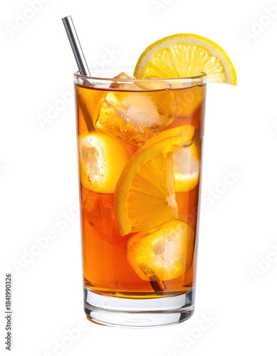A potent long island iced tea cocktail in a tall glass, featuring its characteristic amber color and lemon wedge, isolated on white background