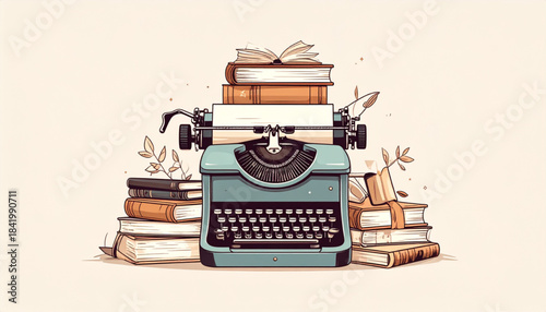 Fine Ink Vintage Typewriter & Book Doodles for Literary Invitation