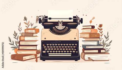 Fine Ink Vintage Typewriter & Book Doodles for Literary Invitation