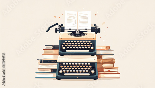 Fine Ink Vintage Typewriter & Book Doodles for Literary Invitation