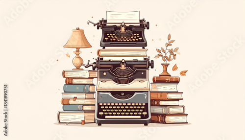 Fine Ink Vintage Typewriter & Book Doodles for Literary Invitation