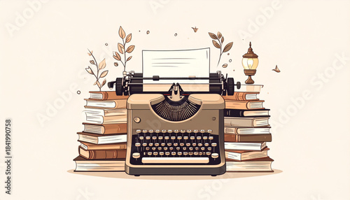 Fine Ink Vintage Typewriter & Book Doodles for Literary Invitation