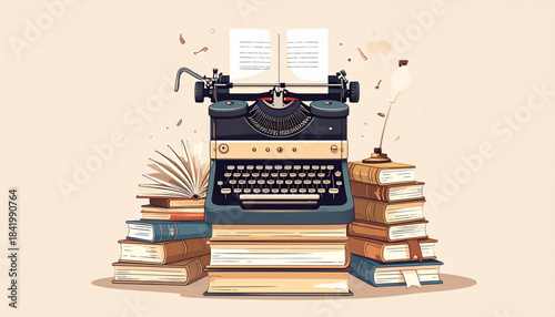 Fine Ink Vintage Typewriter & Book Doodles for Literary Invitation