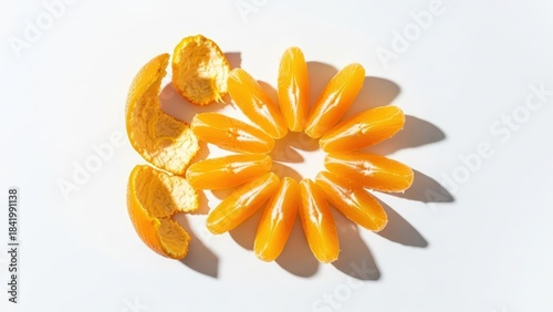 Peeled mandarin orange segments arranged in a circular pattern with orange peel on a white background.