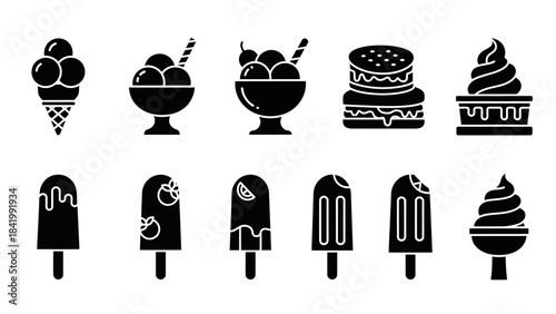 Collection of ice cream and dessert icons in black and white silhouette