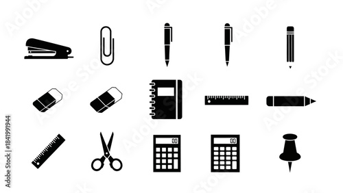 Collection of office and school supplies rendered in black and white