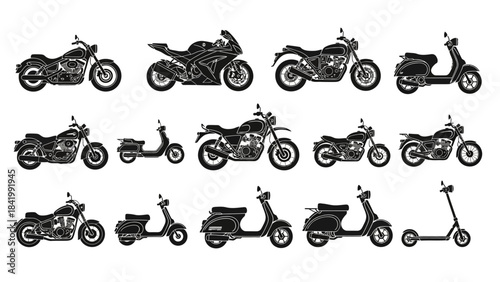 Collection of motorcycle and scooter silhouettes for design and illustration