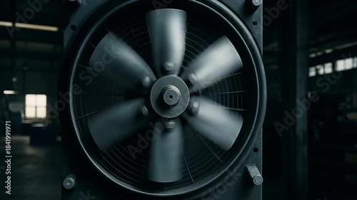 A close-up, motion-blurred shot of a large, dark, metallic industrial ventilation fan or cooler rotating quickly within a factory or workshop setting, symbolizing air movement, cooling, heavy machiner