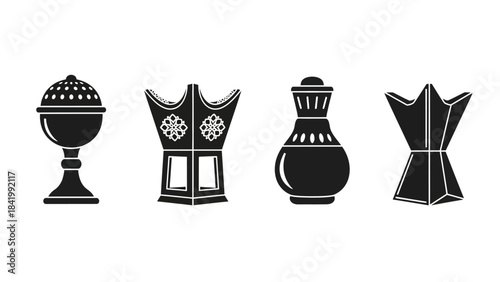 Black and white incense burner collection isolated on white background