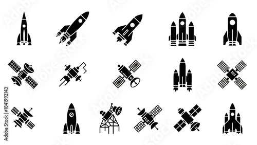 Black and white spacecraft collection rockets satellites isolated elements