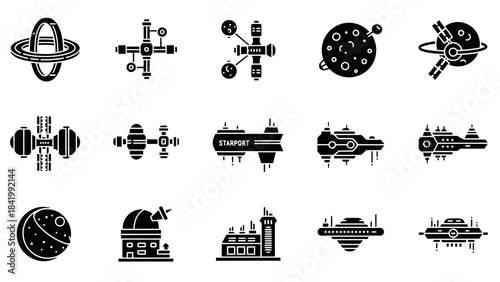 Black and white spacecraft and celestial bodies collection icon set