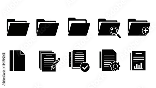 Black and white vector icons of files folders documents and data