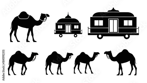 Camel silhouettes and caravan icons representing travel and transportation