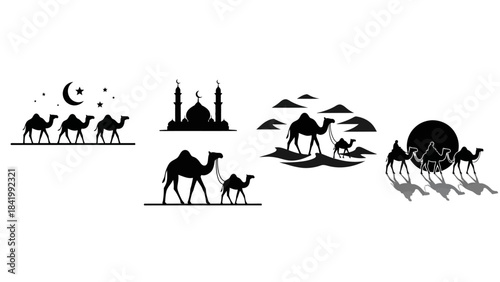 Camel silhouettes illustrating desert landscapes mosque moon and stars