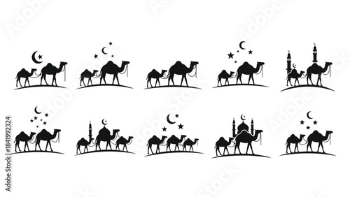 Camel silhouettes with moons and stars illustrating desert night scenes