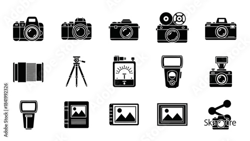 Camera and photography equipment icon set in black and white