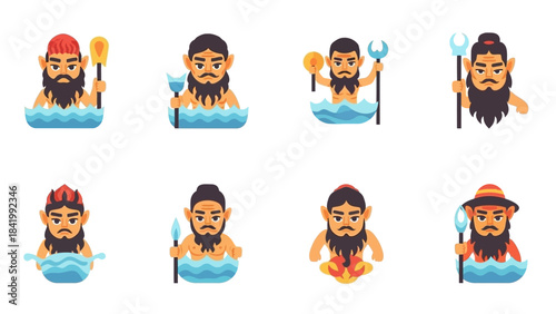 Cartoonish depictions of male figures in water holding various tools
