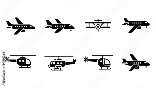 Collection of black and white airplane and helicopter icons on white