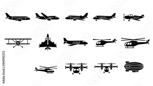 Collection of black and white aircraft silhouettes for transportation design