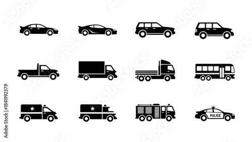 Collection of black car silhouettes sedans su vs trucks and buses