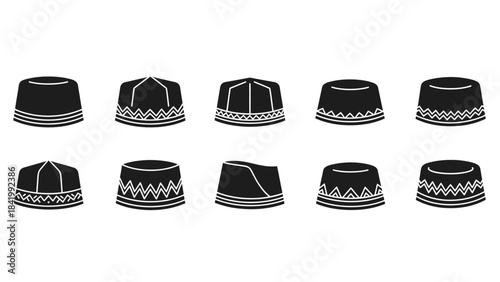 Collection of black kufi caps vector illustration isolated on white background