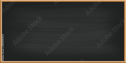 Realistic black chalkboard with wooden frame illustrated in textured sketch style. Hand drawn dusty board surface with subtle marks and handcrafted look. Vector isolated chalkboard background.