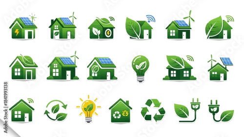 Eco-Friendly Houses and Green Energy Icons for Sustainable Living