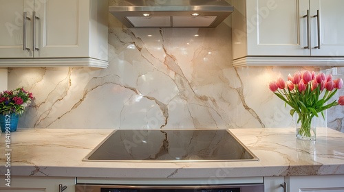 Modern kitchen countertop and backsplash with flowers.