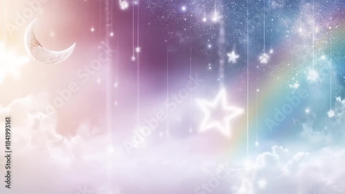 Dreamy pastel landscape with crescent moon, rainbow, stars, and fluffy white clouds