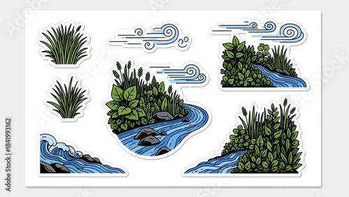 Nature Sticker Set River, Bushes, Wind Icons