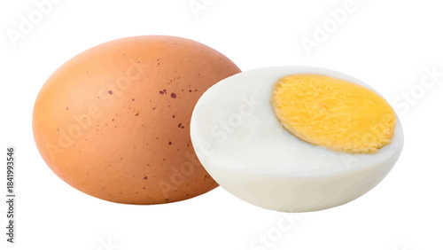 Vector of a brown egg and a halved hard-boiled egg on transparent background