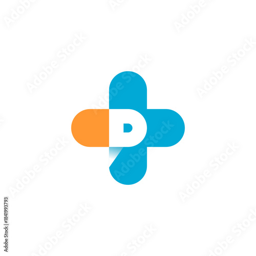 A modern logo featuring a blue cross and an orange and white capsule with the letter D, symbolizing health and pharmacy.