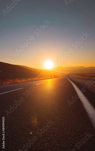 Sunrise over long empty road toward bright horizon, warm golden light, minimal composition with left blank space, symbol of hope and new beginnings, motivational stock photo