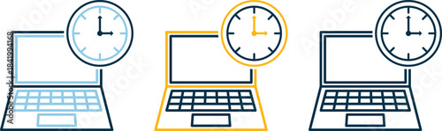 Three laptop icons with clocks above the screen, each in different colors. Symbolizes time management, scheduling, or remote work. Clean, minimal style ideal for productivity visuals.