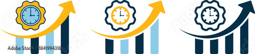 Three gear-clock icons above rising bar charts with upward arrows, symbolizing time-based productivity, performance growth, and operational efficiency. Ideal for business and tech visuals.