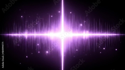 Abstract purple light streaks and stars with a bright horizontal center glow on black