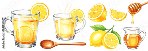 ホットレモンとハチミツのイラストセット（冬の飲み物・風邪予防）,レモンティー,蜂蜜,美容,水彩風,リアルイラスト,フルーツ