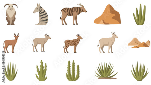 Diverse animal illustrations set against a minimalist backdrop with vegetation
