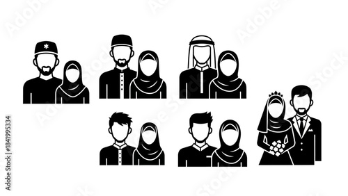 Diverse couples silhouettes in various attires for cultural representation