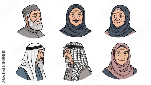 Diverse elderly portraits in traditional attire isolated vector illustration