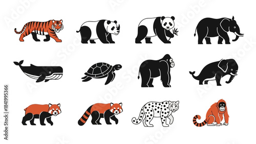 Diverse wildlife illustrations tiger panda elephant whale gorilla and more