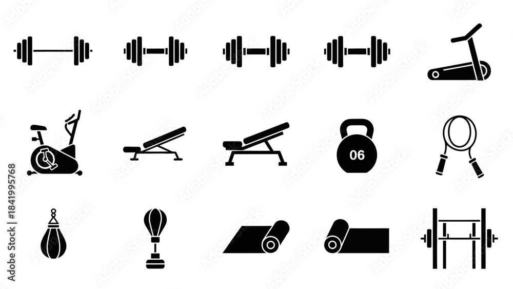 Fototapeta premium Gym equipment silhouettes dumbbells treadmill bench and exercise machines