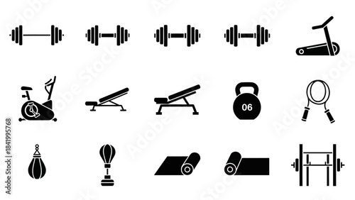 Gym equipment silhouettes dumbbells treadmill bench and exercise machines