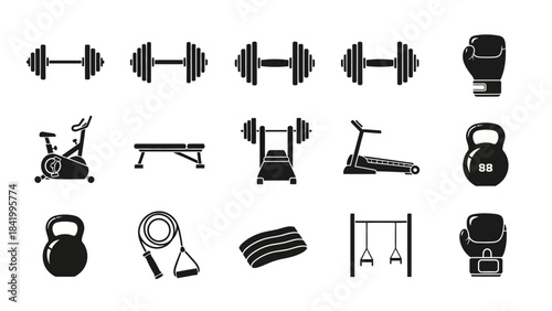 Gym equipment icons set isolated on white background exercise training