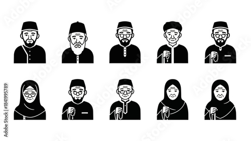 Illustrated icons depicting diverse muslim men and women in simple style