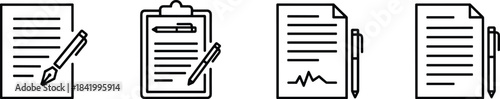Document icons set, paperwork writing illustration, clipboard contract file symbols, business documentation outline vector design isolated