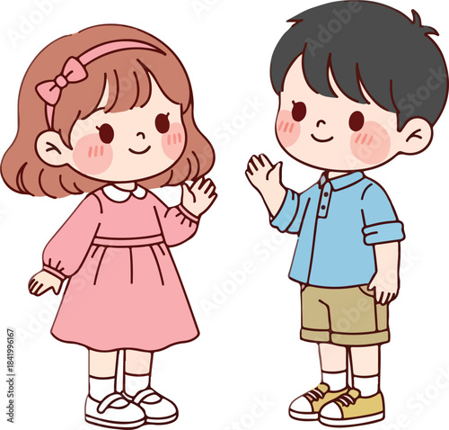 A cute cartoon illustration of a young boy and girl standing side by side and waving with friendly smiles.