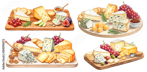 チーズボードとクラッカーのイラストセット（オードブル・ワイン）,チーズプラッター,ブドウ,パーティ,水彩風,リアルイラスト,グルメ